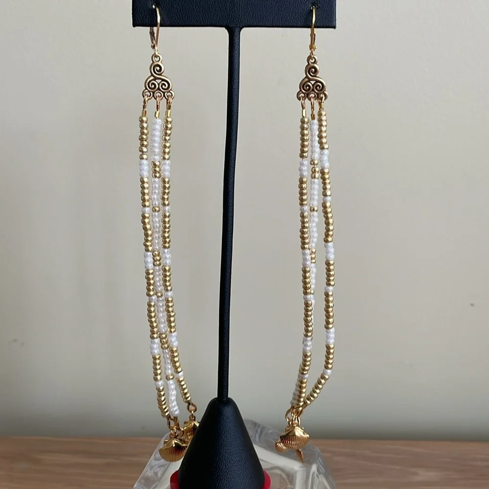 HAND CRAFTED SHOULDER DUSTER EARRINGS Statement Gold Pearl White 6”